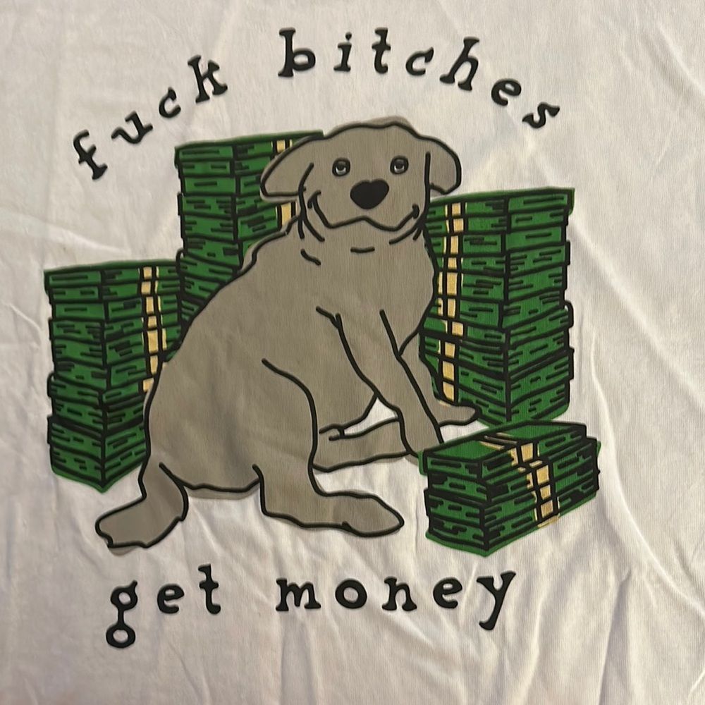 Spencer's White Tee with‎ Playful Dog and Money Design